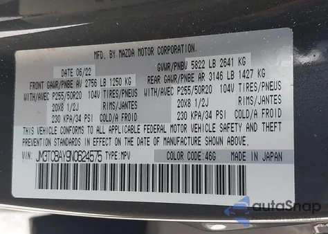 2022 Mazda Cx-9 Touring Plus из США, поврежденный, VIN JM3TCBAY9N0624575